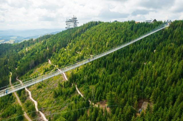 Sky Bridge 721 je zavěšen více než 95 metrů nad zemí a nabízí panoramatické pohledy do okolí. Houpání lávky ve větru omezují hlavně stabilizační lana. Zdroj: Vladimka production,Shutterstock