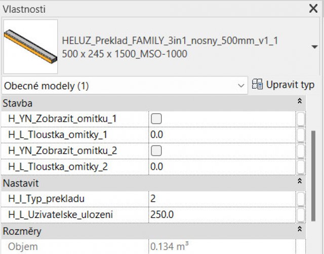 Parametr pro změnu velikosti dutiny pro vnější stínicí techniku pro překlad HELUZ FAMILY 3in1 nosný (REVIT).