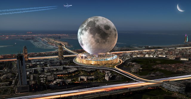 Moon Resort Dubai pojme až 10 milionů návštěvníků ročně. Měsíc bude zahrnovat výcvikovou platformu pro vesmírné agentury. Chybět nebudou ani luxusní rezidence „Sky Villas“. Zdroj: Moon World Resorts Inc.