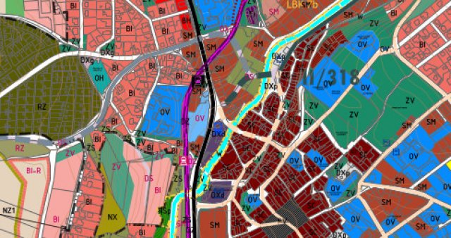 Výřez památkové zóny a přilehlých oblastí z katastrální mapy Rychnov nad Kněžnou.