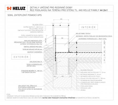 HELUZ Galerie CAD detailů umožňuje filtrování dle šířky obvodové stěny. Na ukázce řez podlahou na terénu pro stěnu tl. 440 HELUZ FAMILY 44 2in1 – sokl zateplený pomocí XPS. Zdroj: HELUZ.