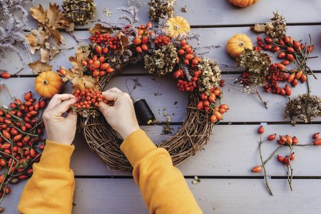 Velkým trendem v dekoracích jsou plody. Novinku představují věnce zavěšené na větvích stromů. Foto: Tatyana Soares, Shutterstock