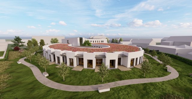 Foto hospic celek: Administrativní část objektu, která bude dvoupodlažní, poslouží jako vstupní prostor, zatímco lůžková část bude jednopodlažní, což zajistí pohodlí a snadnou dostupnost pro pacienty. Zdroj: archiv Oblastní charity Hradec Králové