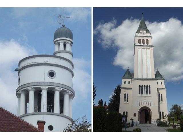 Vlevo Plečnikův kostel sv. Michala v lublaňské Črné vasi, vpravo evangelický kostel v Moravských Toplicích. Foto: Mgr. Zdeněk Svoboda