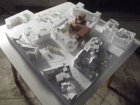 Model budoucí podoby území s novou zástavbou a veřejnými prostory.