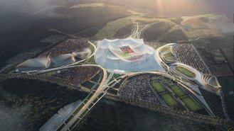Stadion se bude pyšnit nejen obrovskou kapacitou, ale i inovativním designem, který kombinuje moderní architekturu s tradičními marockými prvky. Vizualizace: www.populous.com