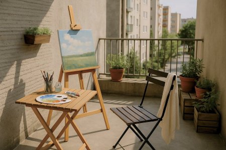 Udělejte si na balkoně koutek pro své hobby – ať už rádi malujete, píšete nebo čtete. Ilustrace: Open-AI