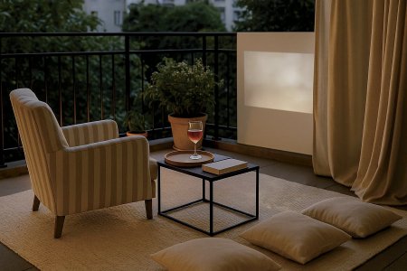 K vytvoření filmového kina vám stačí malý projektor, pohodlné křesílko, koberec, stolek na drink nebo knížku, pár polštářů a třeba i závěsy pro větší soukromí. Ilustrace: Open-AI