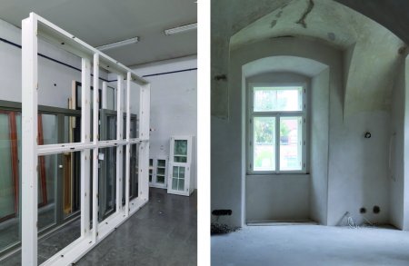 Zadní trakt zámku v Brandýse nad Orlicí má tradiční špaletová okna. Fotografie vlevo pochází z dílen TTK CZ v Dolní Čermné. Foto: TTK CZ (vlevo) a Helena Hejhálková (vpravo).