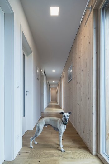 Vše propojuje dlouhá chodba, která působí jako klidná osa celého interiéru. Po pravé straně si můžete všimnout přiznaných panelů NOVATOP. Autor: Petr Polák, petrpolakstudio.cz