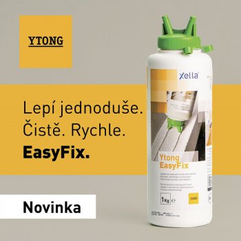 Ytong EasyFix je vinylové lepidlo speciálně vyvinuté pro lepení nenosných příček z pórobetonu. Výrobku je udělen certifikát EMICODE EC1 Plus – nejnižší možný obsah emisí.