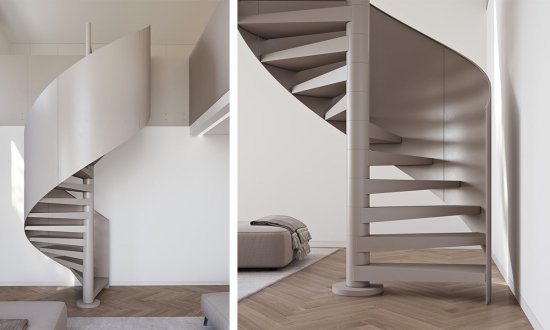 Schodiště CIRCLE, celokovové provedení s plným kovovým zábradlím, precizní svařovaná konstrukce bez viditelných spojů. Foto: JAP FUTURE