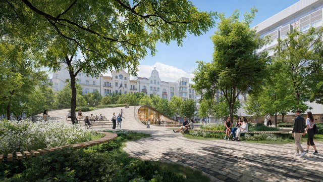 Silnou urbánní linkou návrhu je prodloužení Pařížské ulice směrem k řece.