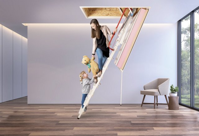 Půdní schody Wippro se používají jen tehdy, když je potřebujete. Jinak zůstávají skryté ve stropě, nepřekážejí v prostoru a zachovávají čistý vzhled interiéru.
