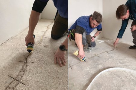Sanace pryskyřicí (vlevo) a aplikace písku Pearlsand (vpravo).